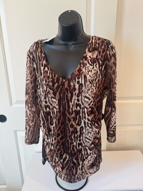 INC International Concepts Brown Animal Print V-Neck Long Sleeve Top
